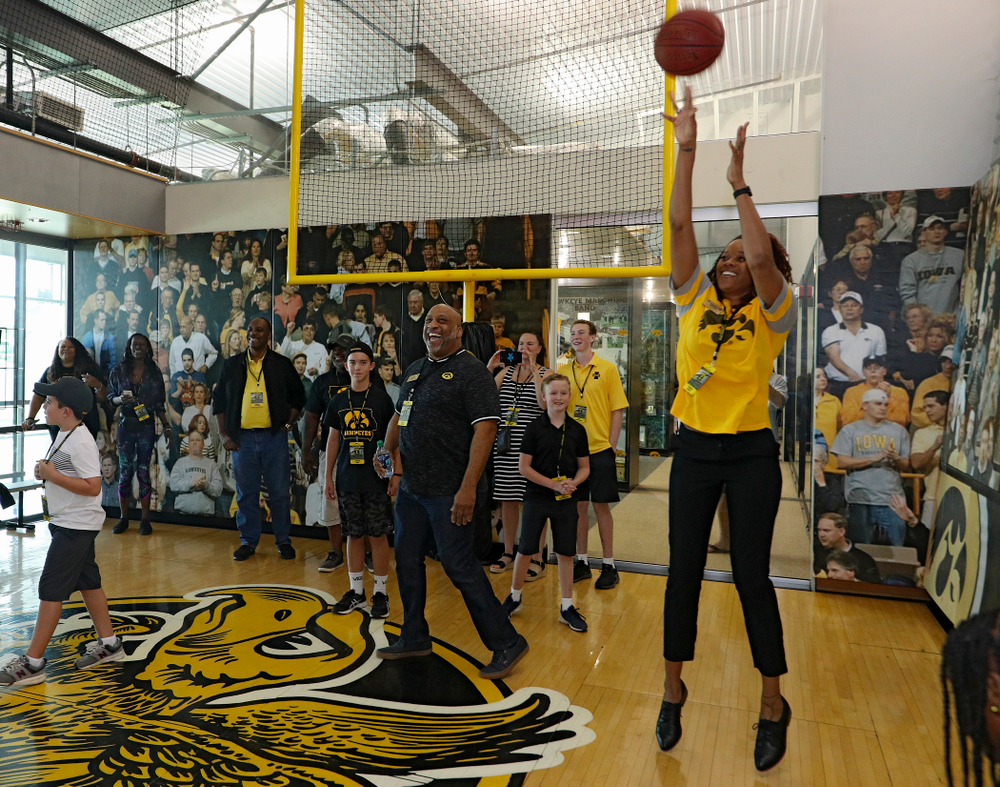 2019 University of Iowa Athletics Hall of Fame inductee Tangela Smith makes a basket at the University of Iowa Athletics Hall of Fame in Iowa City on Friday, Aug 30, 2019. (Stephen Mally/hawkeyesports.com)