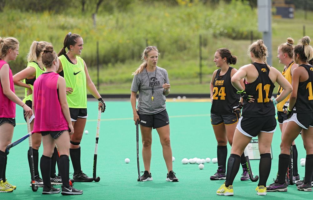 Iowa assistant coach Roz Ellis talks during practice at Grant Field in Iowa City on Thursday, Aug 15, 2019. (Stephen Mally/hawkeyesports.com)