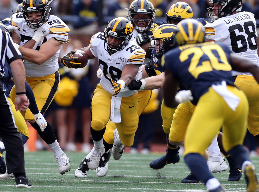 Iowa Hawkeyes running back Toren Young (28) against the Michigan Wolverines Saturday, October 5, 2019 at Michigan Stadium in Ann Arbor, MI. (Brian Ray/hawkeyesports.com)