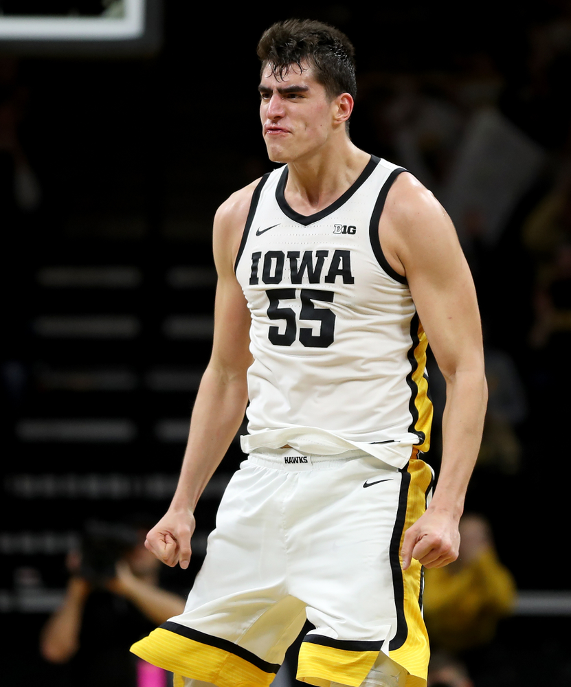 Iowa Hawkeyes forward Luka Garza (55) celebrates a three point basket against the Maryland Terrapins Friday, January 10, 2020 at Carver-Hawkeye Arena. (Brian Ray/hawkeyesports.com)