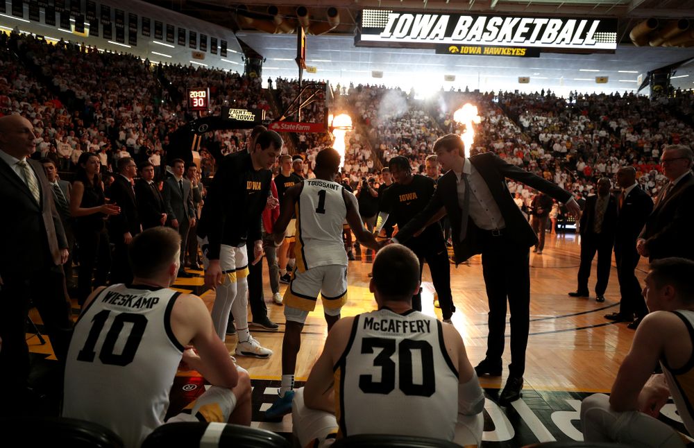 Iowa Hawkeyes guard Joe Toussaint (1) is introduced before their game against the Illinois Fighting Illini Sunday, February 2, 2020 at Carver-Hawkeye Arena. (Brian Ray/hawkeyesports.com)