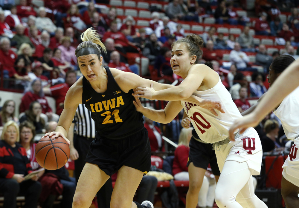 Iowa Hawkeyes forward Hannah Stewart (21) against the Indiana Hoosiers Thursday, February 21, 2019 at Simon Skjodt Assembly Hall. (Brian Ray/hawkeyesports.com)