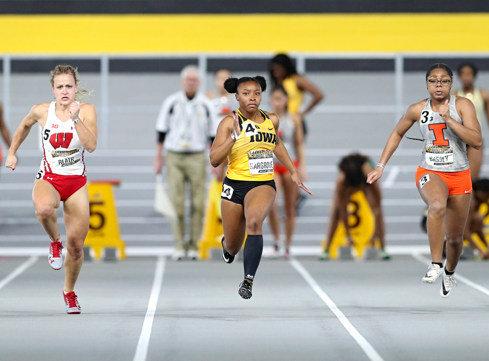 Iowa’s Lasarah Hargrove runs the women’s 60 meter dash premier preliminary event during the Larry Wieczorek Invitational at the Recreation Building in Iowa City on Saturday, January 18, 2020. (Stephen Mally/hawkeyesports.com)