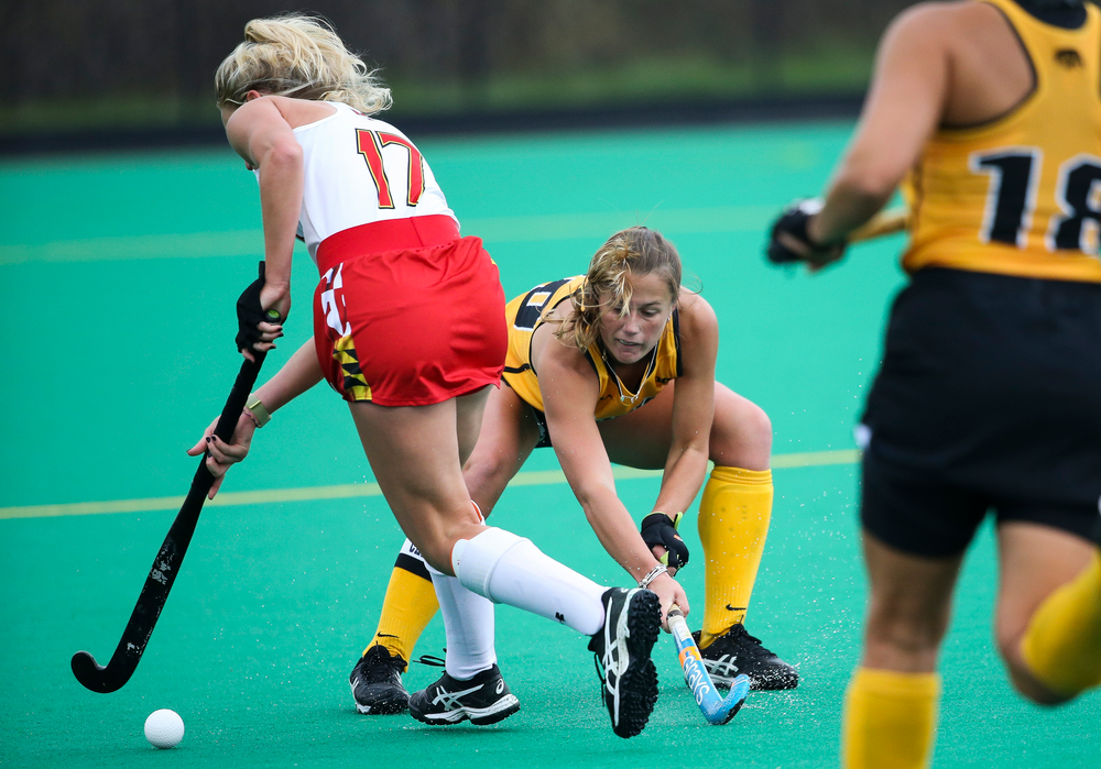 Iowa Hawkeyes midfielder Sophie Sunderland (20) defends during a game against Maryland at Grant Field on October 14, 2018. (Tork Mason/hawkeyesports.com)