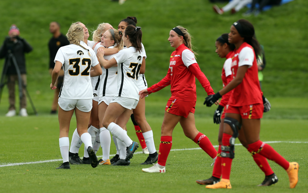 Iowa Hawkeyes midfielder/defender Natalie Winters (10) celebrates a goal against the Maryland Terrapins Sunday, October 13, 2019 on senior day. (Brian Ray/hawkeyesports.com)