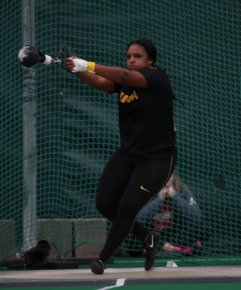 Iowa's Nia Britt competes in the weight throw Friday, January 11, 2019 at the Hawkeye Tennis and Recreation Center. (Brian Ray/hawkeyesports.com)