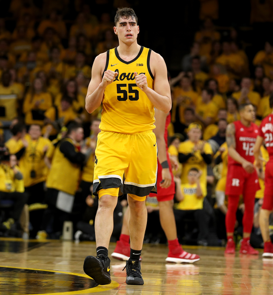 Iowa Hawkeyes forward Luka Garza (55) celebrates late in the game against the Rutgers Scarlet Knights Wednesday, January 22, 2020 at Carver-Hawkeye Arena. (Brian Ray/hawkeyesports.com)