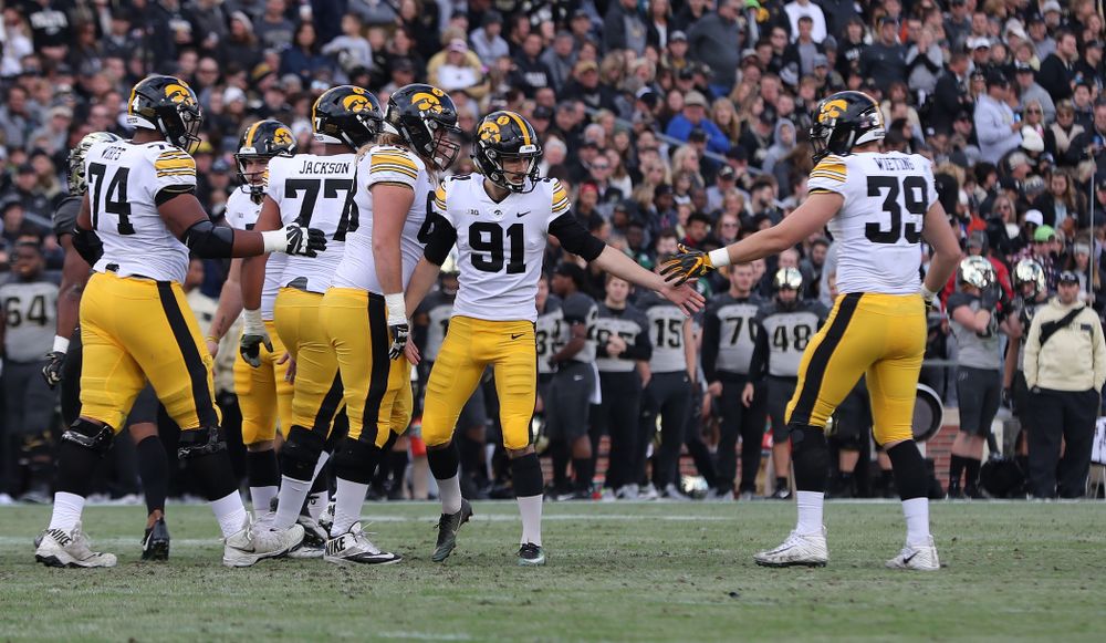 Iowa Hawkeyes place kicker Miguel Recinos (91) against the Purdue Boilermakers Saturday, November 3, 2018 Ross Ade Stadium in West Lafayette, Ind. (Brian Ray/hawkeyesports.com)