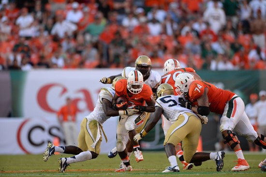 University of Miami Hurricanes running back Duke Johnson #8 plays in a game against the Georgia Tech Yellow Jackets at Sun Life Stadium on October 5,...