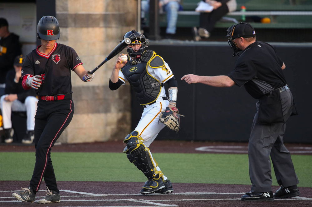 Iowa catcher Austin Martin at game 1 vs Rutgers on Friday, April 5, 2019 at Duane Banks Field. (Lily Smith/hawkeyesports.com)