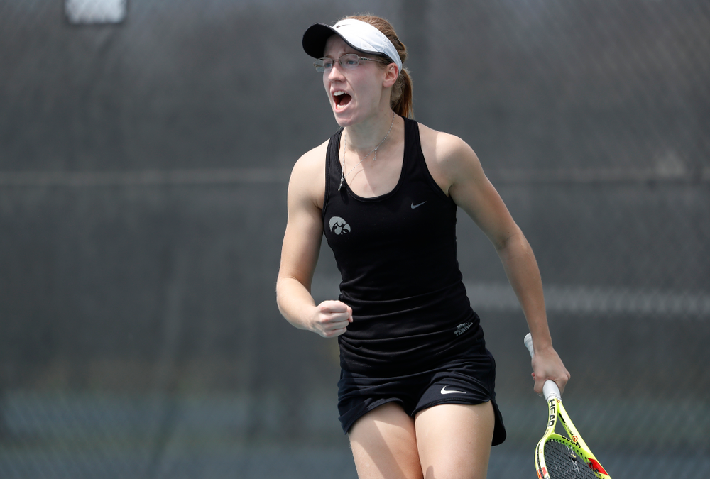 Iowa's Montana Crawford against the Wisconsin Badgers Sunday, April 22, 2018 at the Hawkeye Tennis and Recreation Center. (Brian Ray/hawkeyesports.com)