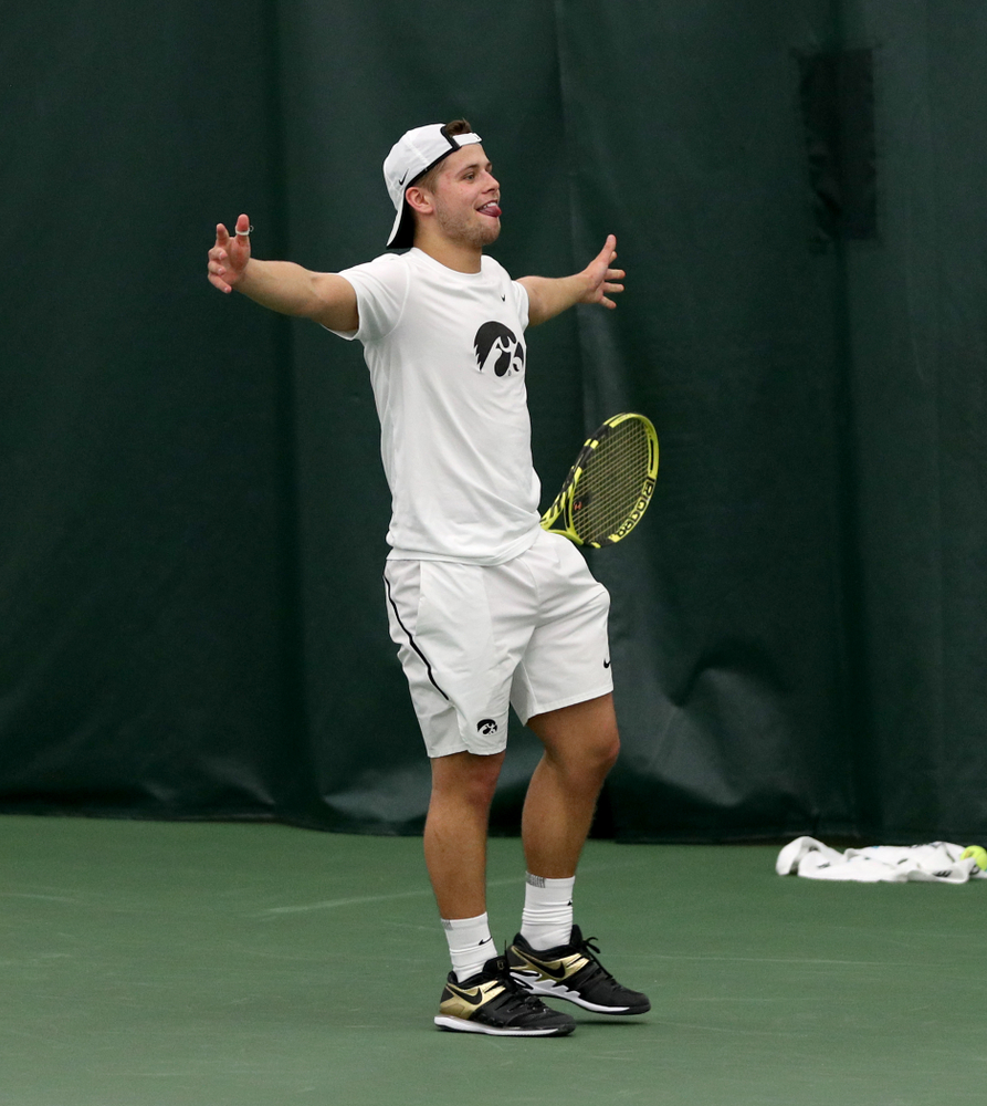 Iowa’s Will Davies against Cornell Sunday, March 8, 2020 at the Hawkeye Tennis and Recreation Center. (Brian Ray/hawkeyesports.com)