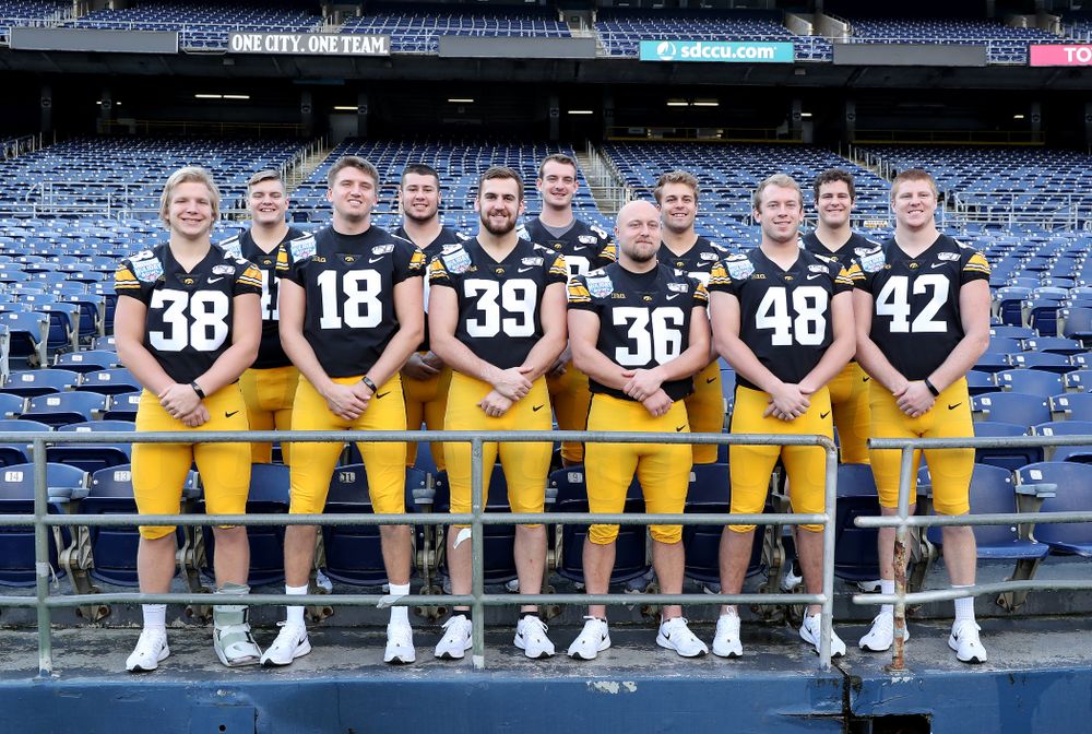 The Hawkeye Football tight ends and fullbacks following the team photo Wednesday, December 25, 2019 at SDCCU Stadium in San Diego. (Brian Ray/hawkeyesports.com)