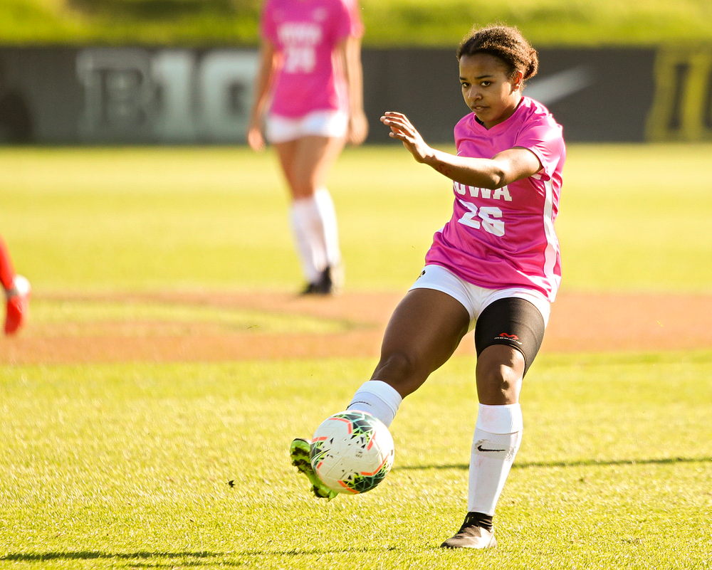 Iowa midfielder/forward Melina Hegelheimer (26) passes the ball during the second overtime of their match at the Iowa Soccer Complex in Iowa City on Sunday, Oct 27, 2019. (Stephen Mally/hawkeyesports.com)