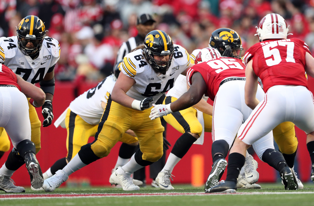 Iowa Hawkeyes offensive lineman Kyler Schott (64) against the Wisconsin Badgers Saturday, November 9, 2019 at Camp Randall Stadium in Madison, Wisc. (Brian Ray/hawkeyesports.com)