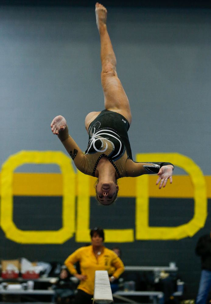 Emma Hartzler competes on the balance beam during the Black and Gold Intrasquad meet at the Field House on 12/2/17. (Tork Mason/hawkeyesports.com)