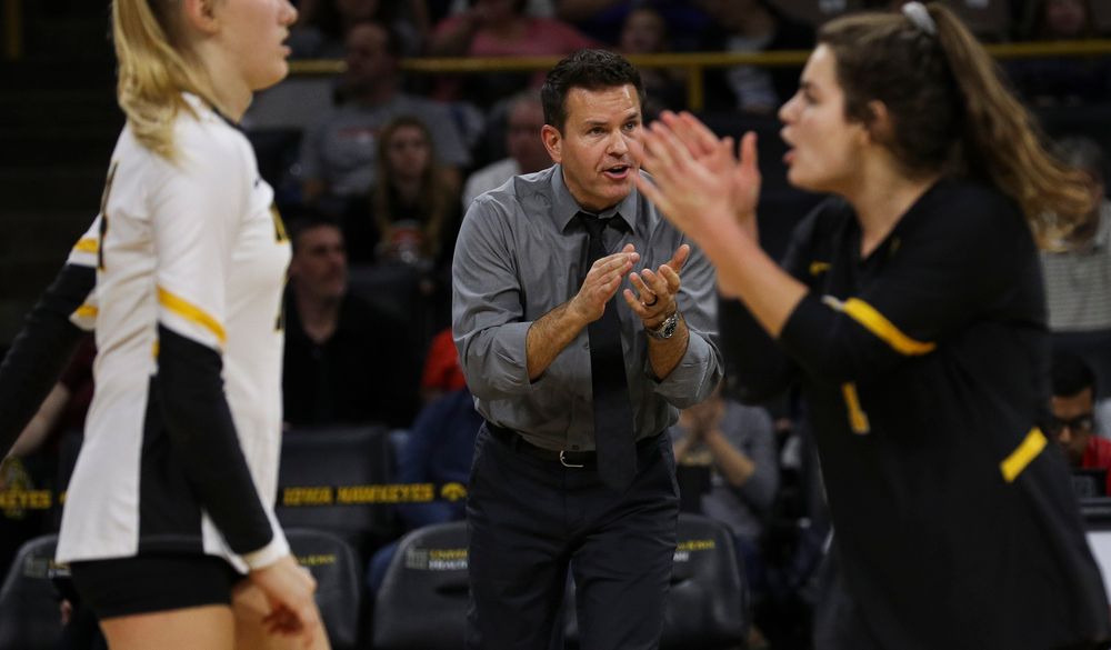 Iowa Hawkeyes head coach Bond Shymansky reacts after a point during a match against Rutgers at Carver-Hawkeye Arena on November 2, 2018. (Tork Mason/hawkeyesports.com)