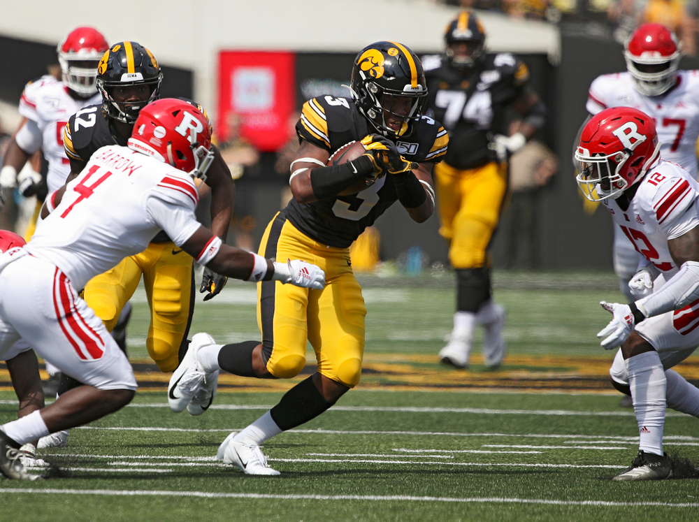 Iowa Hawkeyes wide receiver Tyrone Tracy Jr. (3) runs after pulling in a pass on a 33-yard reception during the third quarter of their Big Ten Conference football game at Kinnick Stadium in Iowa City on Saturday, Sep 7, 2019. (Stephen Mally/hawkeyesports.com)