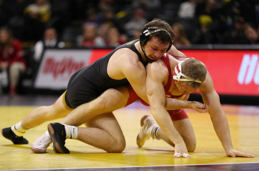Iowa's Jaren Glosser wrestles Indiana's Jake Danishek at 157 pounds Friday, February 15, 2019 at Carver-Hawkeye Arena. (Brian Ray/hawkeyesports.com)