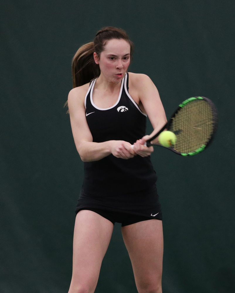 Iowa's Samantha Mannix and Elise Van Heuvelen Treadwell play a doubles match against the Penn State Nittany Lions Sunday, February 24, 2019 at the Hawkeye Tennis and Recreation Complex. (Brian Ray/hawkeyesports.com)