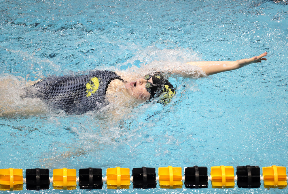 IowaÕs Erin Lang swims the 200 yard backstroke against the Michigan Wolverines Friday, November 1, 2019 at the Campus Recreation and Wellness Center. (Brian Ray/hawkeyesports.com)