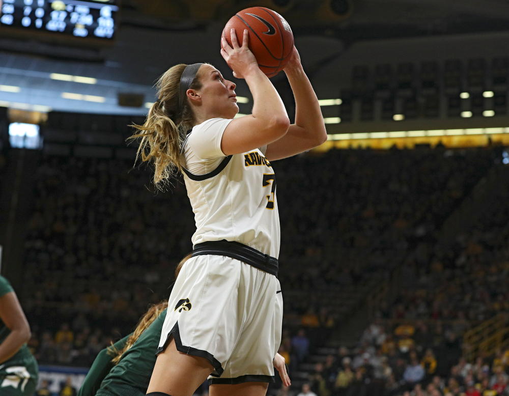 Iowa Hawkeyes guard Makenzie Meyer (3) makes a basket during the second quarter of their game at Carver-Hawkeye Arena in Iowa City on Sunday, January 26, 2020. (Stephen Mally/hawkeyesports.com)