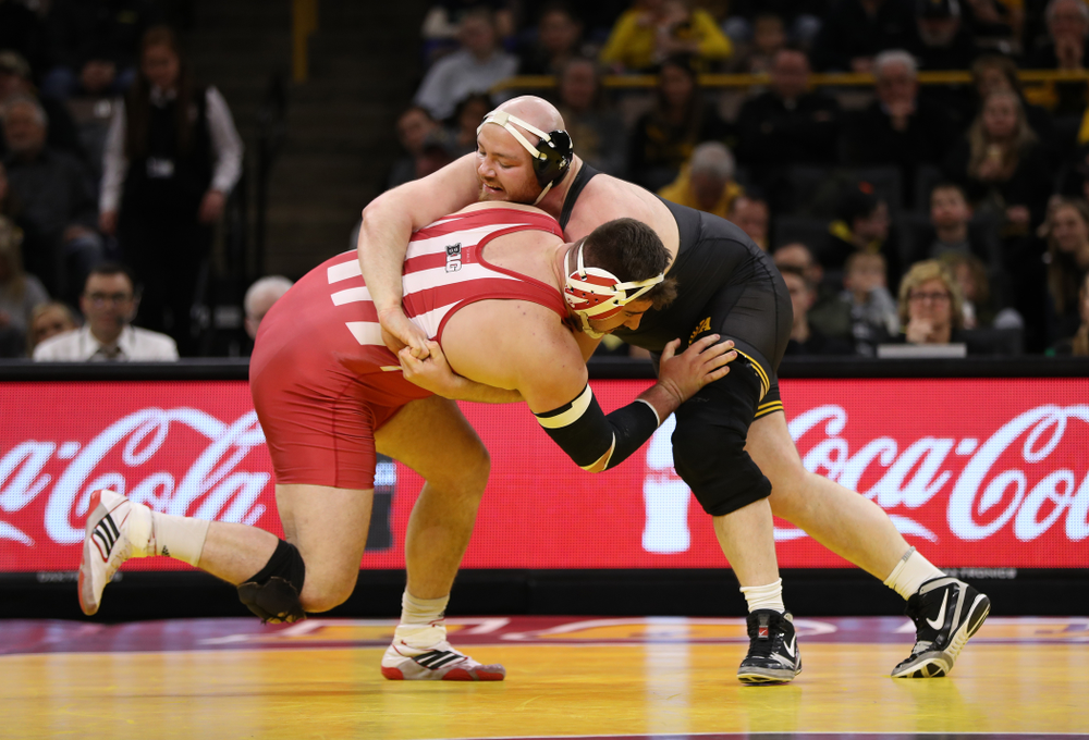 Iowa's Sam Stoll wrestles Indiana's Fletcher Miller at heavyweight Friday, February 15, 2019 at Carver-Hawkeye Arena. (Brian Ray/hawkeyesports.com)