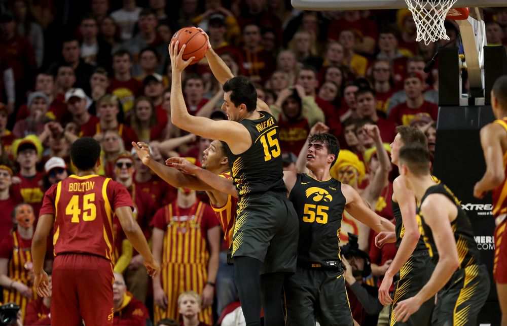 Iowa Hawkeyes forward Ryan Kriener (15) against the Iowa State Cyclones Thursday, December 12, 2019 at Hilton Coliseum in Ames, Iowa(Brian Ray/hawkeyesports.com)