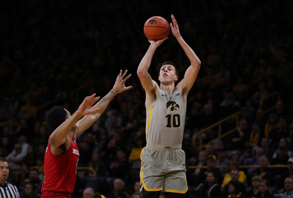 Iowa Hawkeyes guard Joe Wieskamp (10) against the Nebraska Cornhuskers Sunday, January 6, 2019 at Carver-Hawkeye Arena. (Brian Ray/hawkeyesports.com)