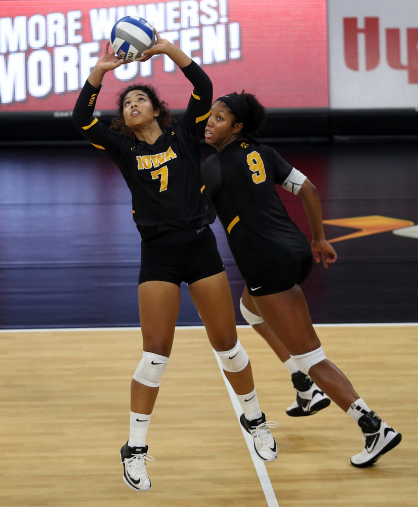 Iowa Hawkeyes setter Brie Orr (7) and middle blocker Amiya Jones (9) against the Iowa State Cyclones Saturday, September 21, 2019 at Carver-Hawkeye Arena. (Brian Ray/hawkeyesports.com)
