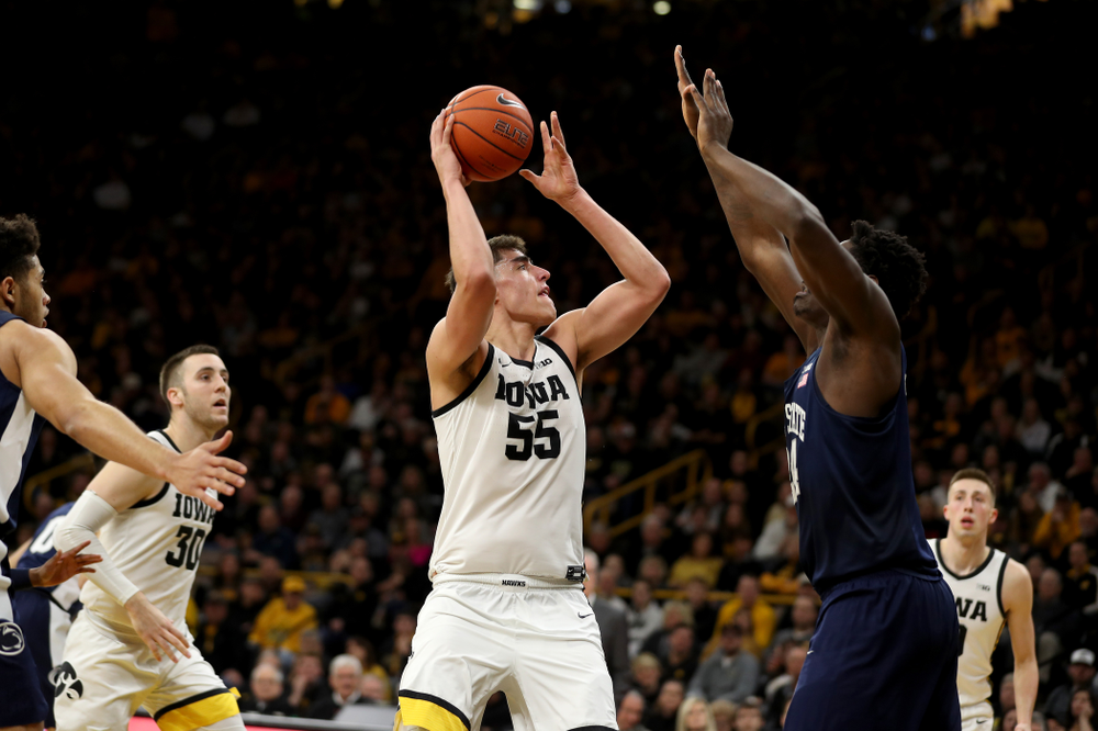 Iowa Hawkeyes forward Luka Garza (55) against Penn State Saturday, February 29, 2020 at Carver-Hawkeye Arena. (Brian Ray/hawkeyesports.com)