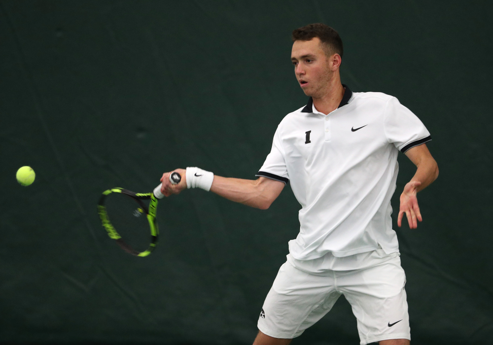 Iowa's Kareem Allaf against North Dakota Friday, January 25, 2019 at the Hawkeye Tennis and Recreation Complex. (Brian Ray/hawkeyesports.com)