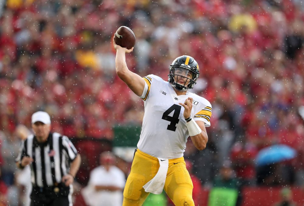 Iowa Hawkeyes quarterback Nate Stanley (4) against the Iowa State Cyclones Saturday, September 14, 2019 at Jack Trice Stadium in Ames, Iowa. (Brian Ray/hawkeyesports.com)