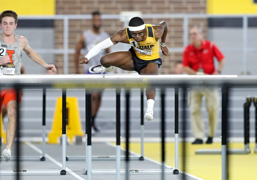 Iowa’s Jaylan McConico runs the men’s 60 meter hurdles premier preliminary event during the Larry Wieczorek Invitational at the Recreation Building in Iowa City on Saturday, January 18, 2020. (Stephen Mally/hawkeyesports.com)