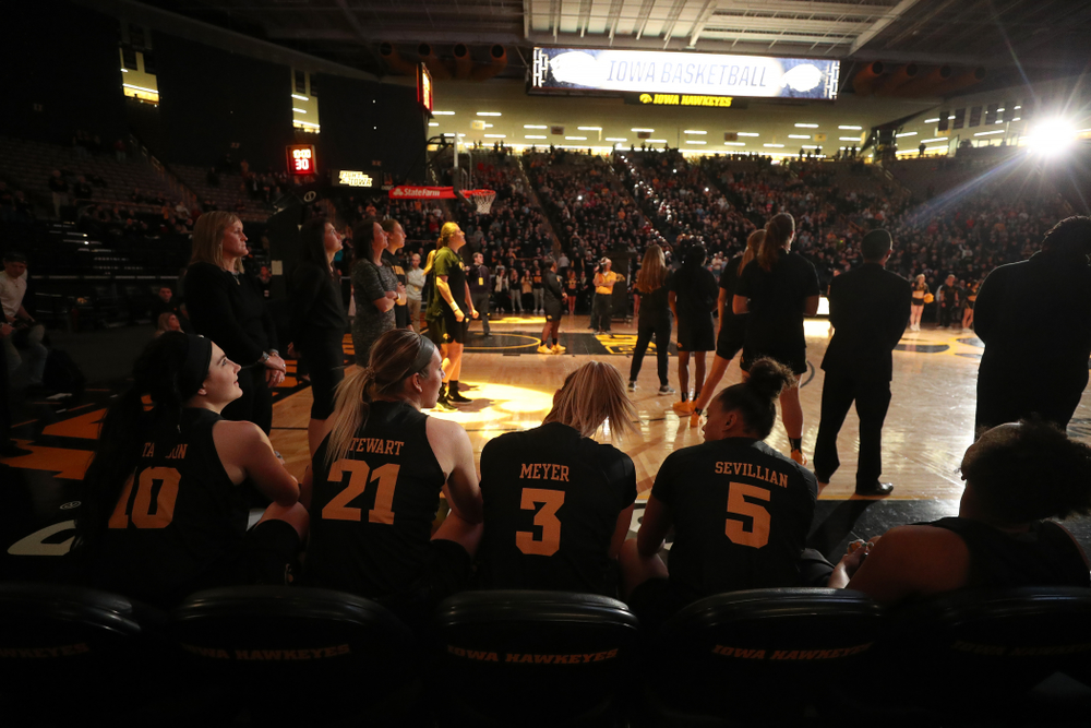 Iowa Hawkeyes forward Megan Gustafson (10), forward Hannah Stewart (21), guard Makenzie Meyer (3), guard Alexis Sevillian (5), and guard Tania Davis (11) against the Iowa State Cyclones in the Iowa Corn Cy-Hawk Series Wednesday, December 5, 2018 at Carver-Hawkeye Arena. (Brian Ray/hawkeyesports.com)