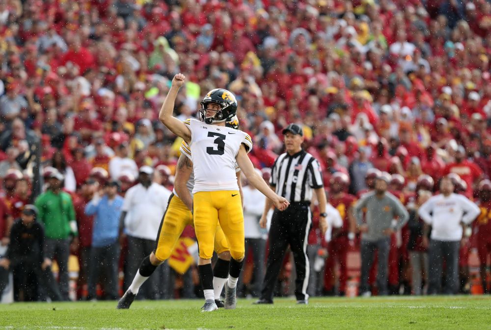 Iowa Hawkeyes place kicker Keith Duncan (3) kicks a field goal against the Iowa State Cyclones Saturday, September 14, 2019 at Jack Trice Stadium in Ames, Iowa. (Brian Ray/hawkeyesports.com)