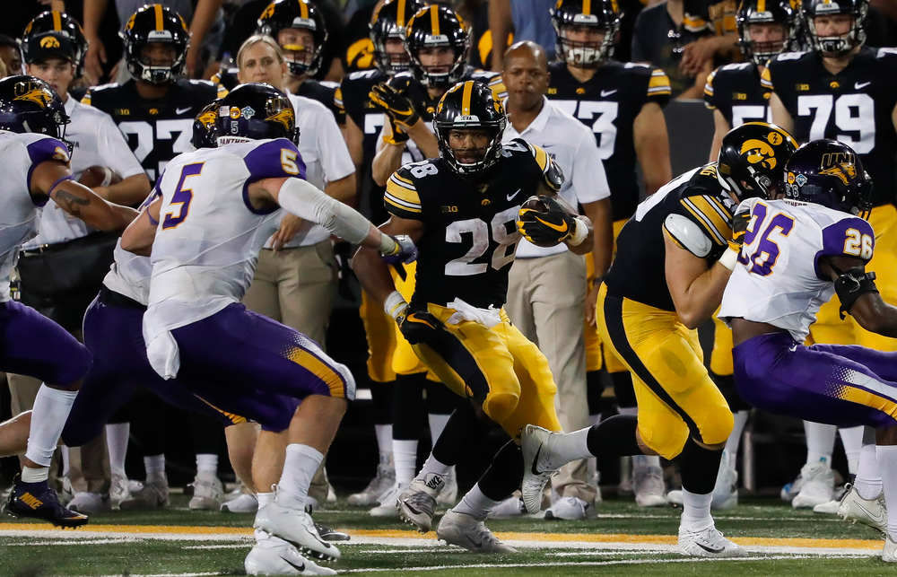 Iowa Hawkeyes running back Toren Young (28) runs the ball during a game against Northern Iowa at Kinnick Stadium on September 15, 2018. (Tork Mason/hawkeyesports.com)