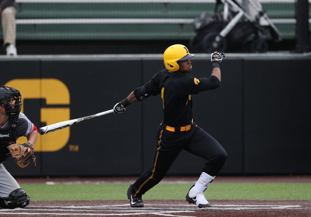 Iowa Hawkeyes infielder Lorenzo Elion (1) against Simpson College Tuesday, March 19, 2019 at Duane Banks Field. (Brian Ray/hawkeyesports.com)