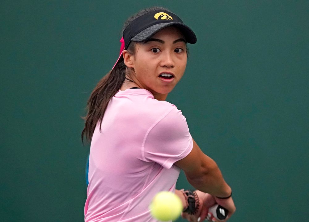 Iowa's Michelle Bacalla plays a match against Purdue at the Hawkeye Tennis and Recreation Complex in Iowa City on Friday, Mar. 29, 2019. (Stephen Mally/hawkeyesports.com)