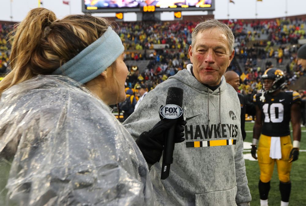 Iowa Hawkeyes head coach Kirk Ferentz is interviewed on the field after a 31-28 win against Nebraska at Kinnick Stadium on November 23, 2018. (Tork Mason/hawkeyesports.com)