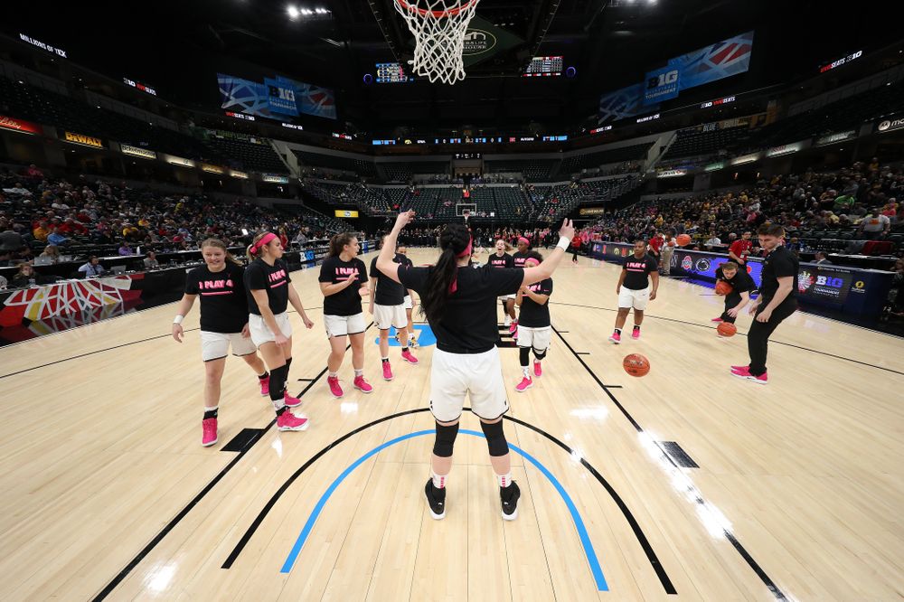 Iowa Hawkeyes forward Megan Gustafson (10) against the Rutgers Scarlet Knights in the semi-finals of the Big Ten Tournament Saturday, March 9, 2019 at Bankers Life Fieldhouse in Indianapolis, Ind. (Brian Ray/hawkeyesports.com)