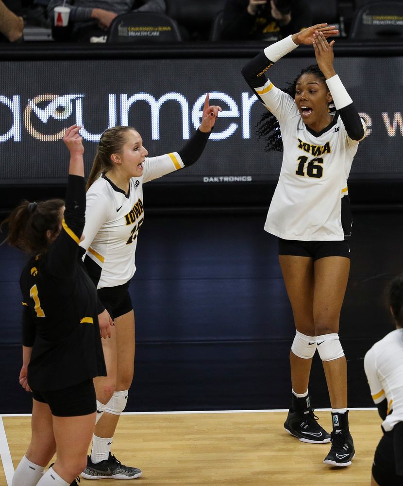 Iowa Hawkeyes outside hitter Taylor Louis (16) celebrates after winning a point during a match against Maryland at Carver-Hawkeye Arena on November 23, 2018. (Tork Mason/hawkeyesports.com)