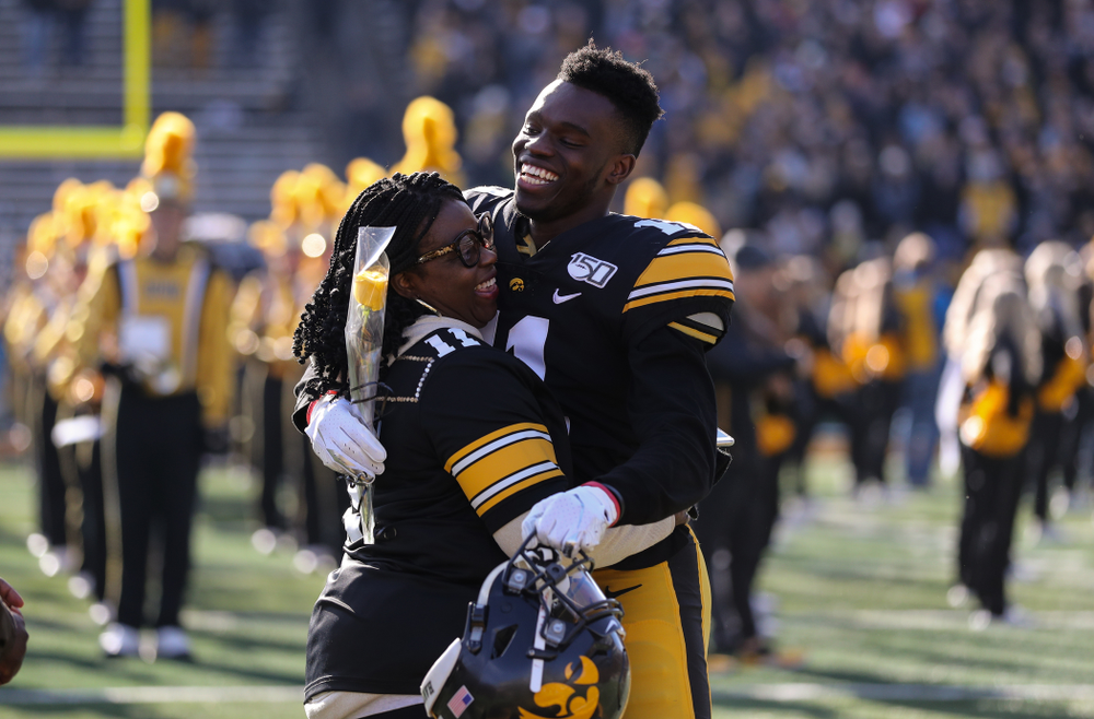 Iowa Hawkeyes defensive back Michael Ojemudia (11) during Senior Day festivities before their game against the Illinois Fighting Illini Saturday, November 23, 2019 at Kinnick Stadium. (Brian Ray/hawkeyesports.com)