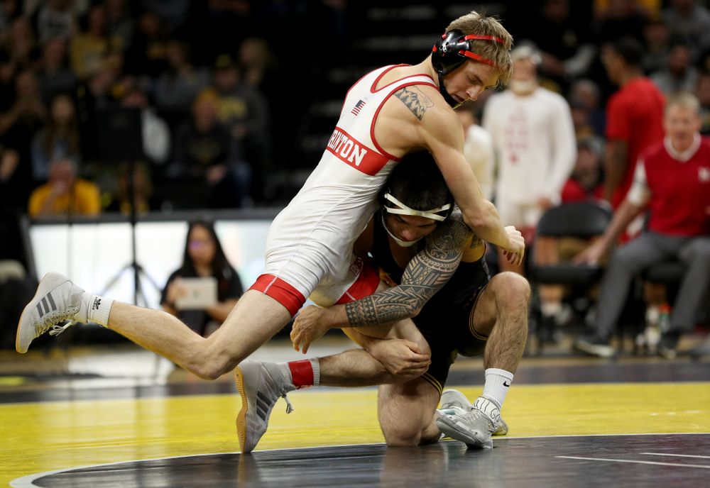 Iowa’s Pat Lugo wrestles Nebraska’s Collin Purinton at 149 pounds Saturday, January 18, 2020 at Carver-Hawkeye Arena. Lugo won the match 4-1. (Brian Ray/hawkeyesports.com)
