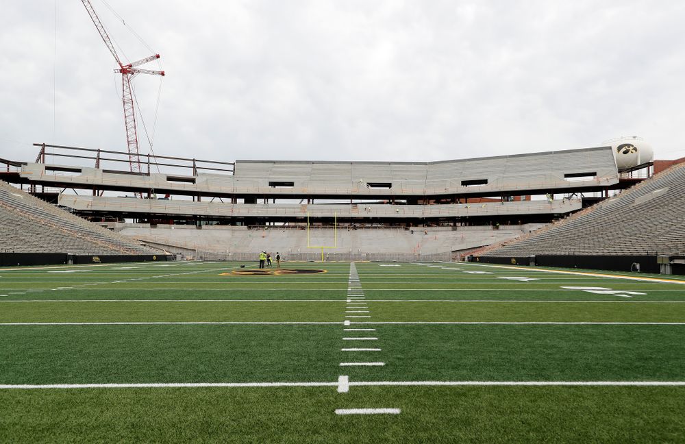 The view of the north end zone and water tower tiger hawk from the east hash mark of the south 10 yard-line Wednesday, June 6, 2018 at Kinnick Stadium. (Brian Ray/hawkeyesports.com)