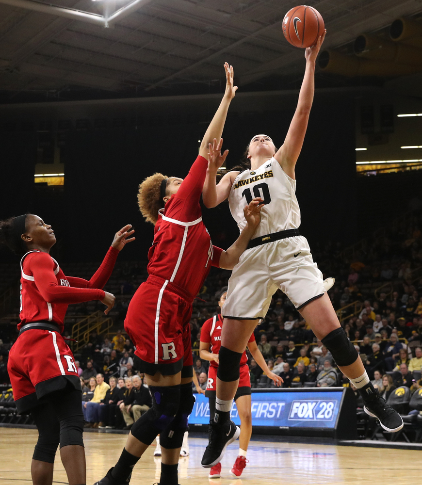 Iowa Hawkeyes forward Megan Gustafson (10) against the Rutgers Scarlet Knights Wednesday, January 23, 2019 at Carver-Hawkeye Arena. (Brian Ray/hawkeyesports.com)