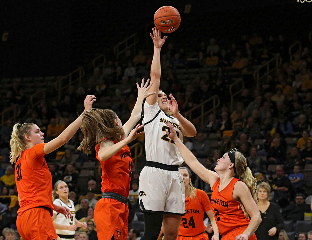 Iowa guard Kathleen Doyle (22) makes a basket during the fourth quarter of their overtime win against Princeton at Carver-Hawkeye Arena in Iowa City on Wednesday, Nov 20, 2019. (Stephen Mally/hawkeyesports.com)