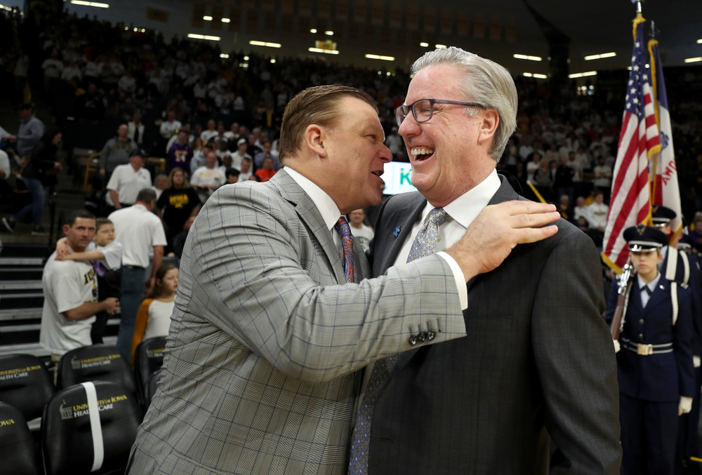 Iowa Hawkeyes head coach Fran McCaffery talks with Illinois Fighting Illini head coach Brad Underwood Sunday, February 2, 2020 at Carver-Hawkeye Arena. (Brian Ray/hawkeyesports.com)
