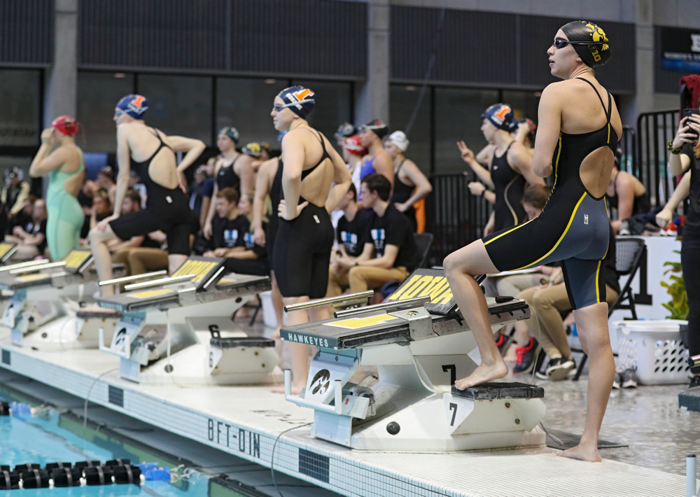 Iowa’s Meghan Hackett waits to swim in the women’s 100 yard freestyle preliminary event during the 2020 Women’s Big Ten Swimming and Diving Championships at the Campus Recreation and Wellness Center in Iowa City on Saturday, February 22, 2020. (Stephen Mally/hawkeyesports.com)