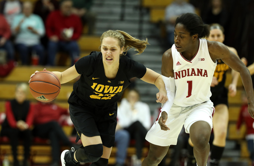 Iowa Hawkeyes guard Kathleen Doyle (22) against the Indiana Hoosiers Thursday, February 21, 2019 at Simon Skjodt Assembly Hall. (Brian Ray/hawkeyesports.com)